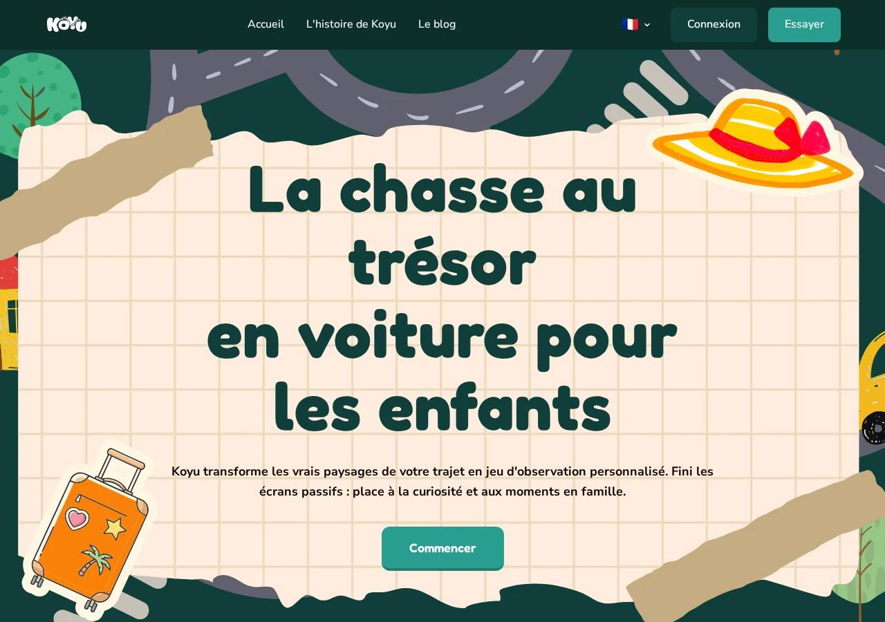 La page d’accueil de Koyu et sa chasse au trésor en voiture